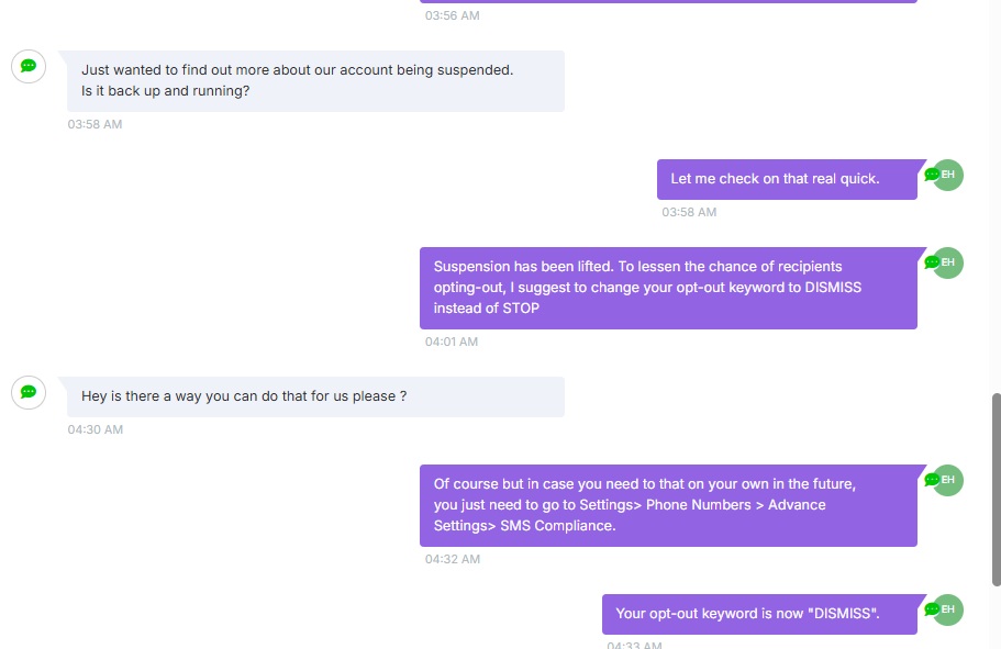 A2P Compliance Client Support screenshot